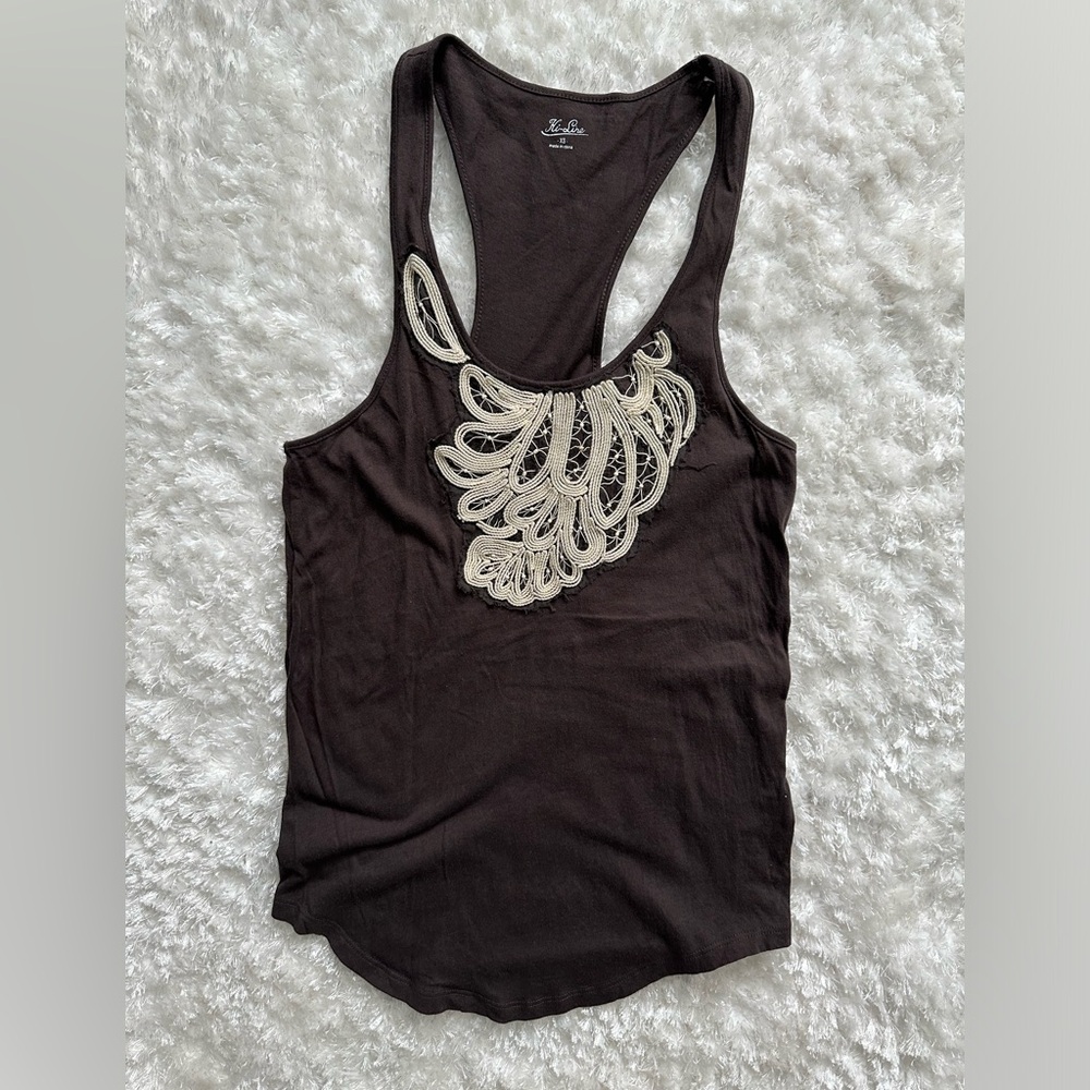 Anthropologie Black Racerback Tank with Cream Lace Applique